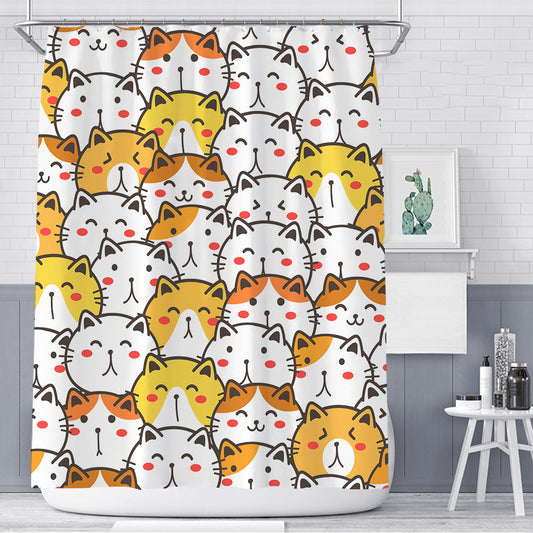 Cute Multiple Cat Faces Cartoon Fabric Cat Shower Curtain | Cute Cat Face Bathroom Curtain