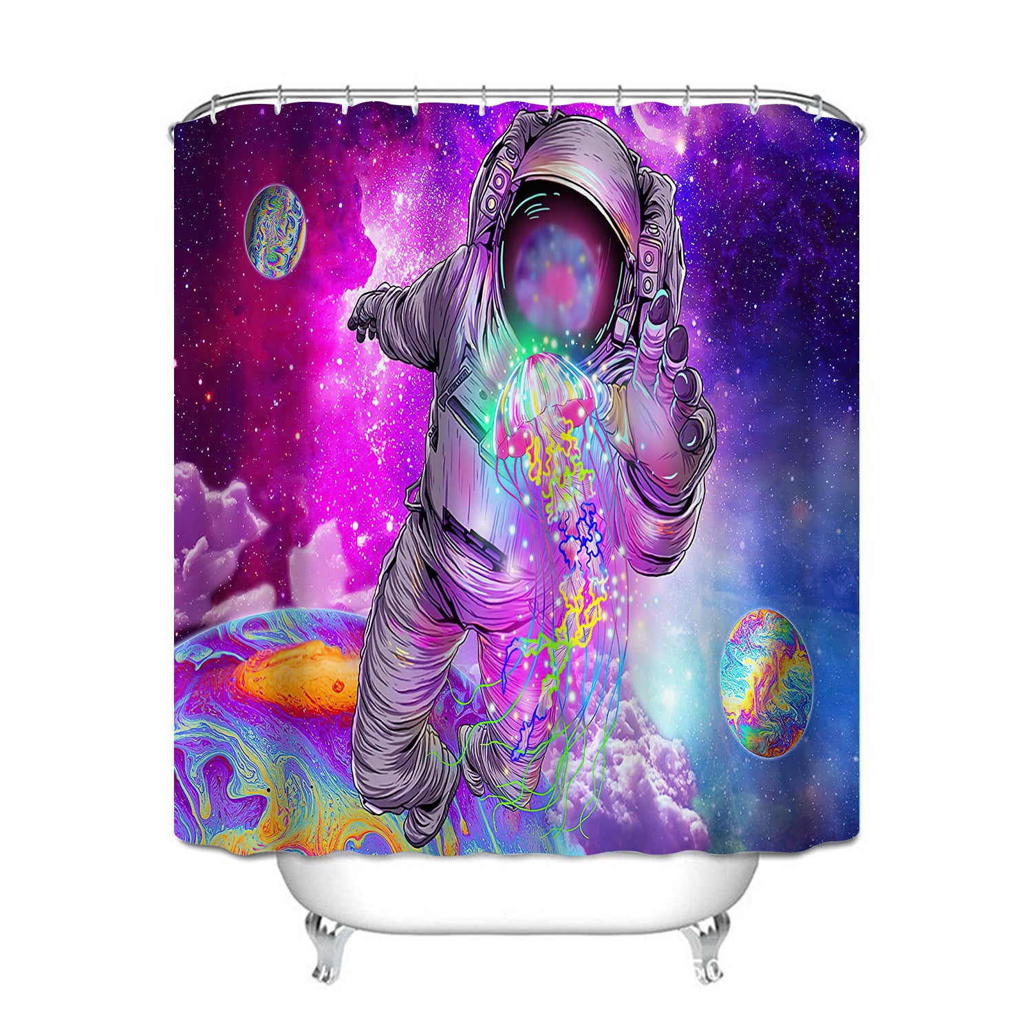 Catching Psychedelic Jellyfish Astronaut Shower Curtain with Dreamy Galaxy Background