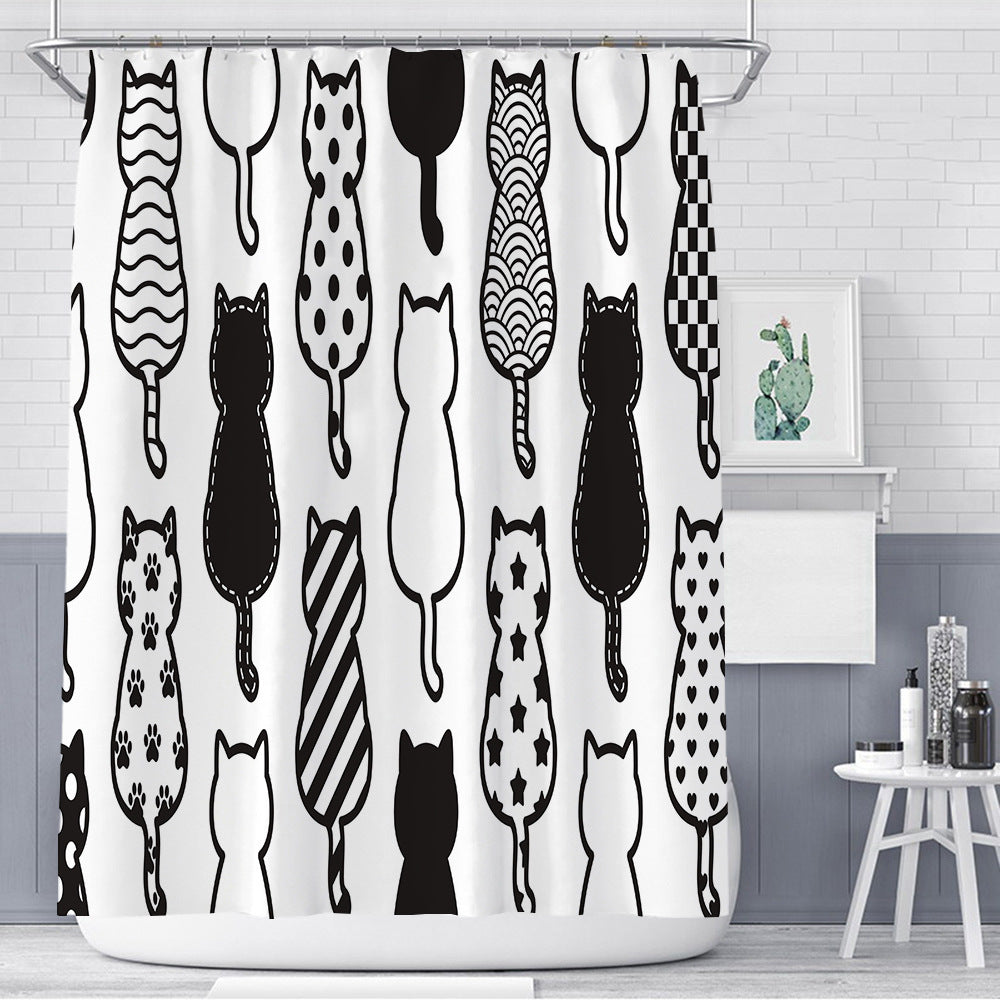 Simple Cartoon Mono Cat Back Shower Curtain | Cat Backs Bathroom Curtain
