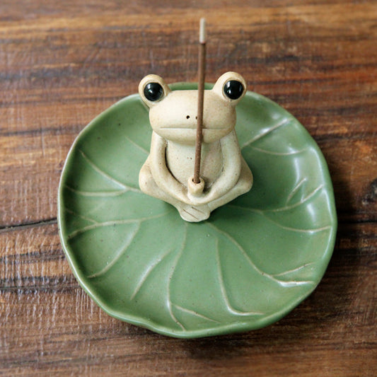 Frog Incense Stick Holder with Louts Leaf Shape Ash Catcher Stand