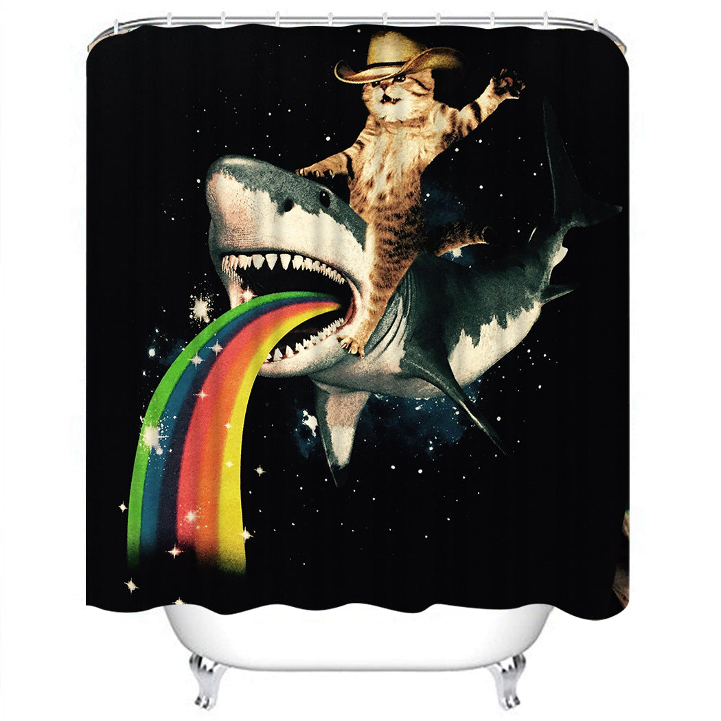 Cat Riding Rainbows Shark Shower Curtain | Cat Shark Bathroom Curtain