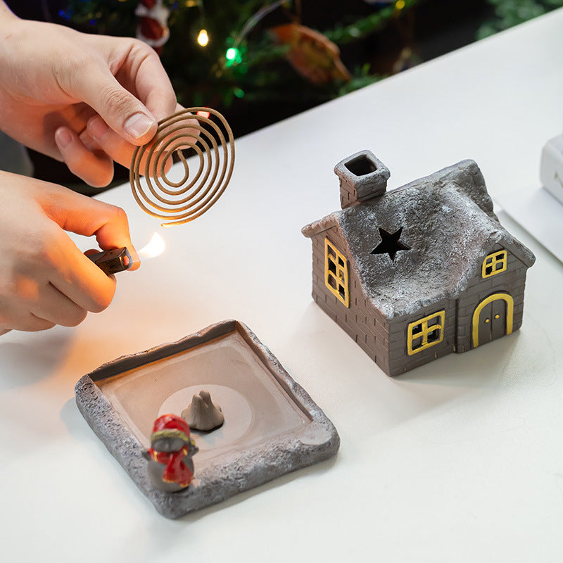 Christmas Cabin Incense Coil Burner with Snowman