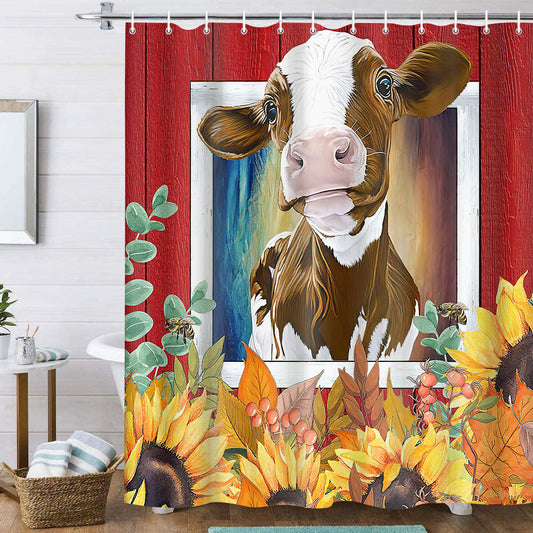 Farm Style Bees Sunflowers Brown White Cow Shower Curtain