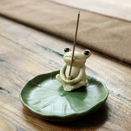 Frog Incense Stick Holder with Louts Leaf Shape Ash Catcher Stand