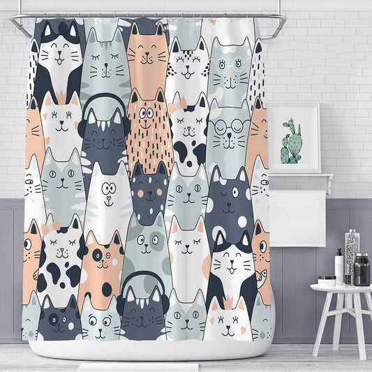 Simple Style Cartoon Multiple Cat Shower Curtain | Cartoon Cat Bathroom Curtain