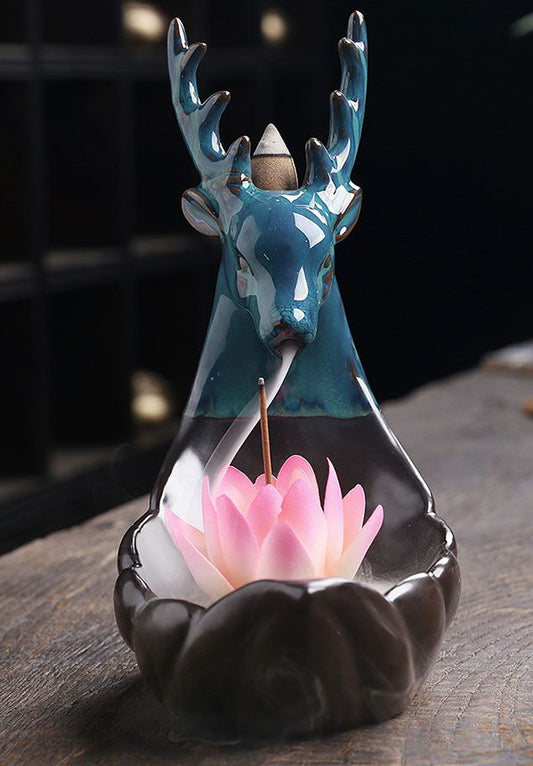 Young Deer Shaped Backflow Incense Burner with Lotus Stick Holder