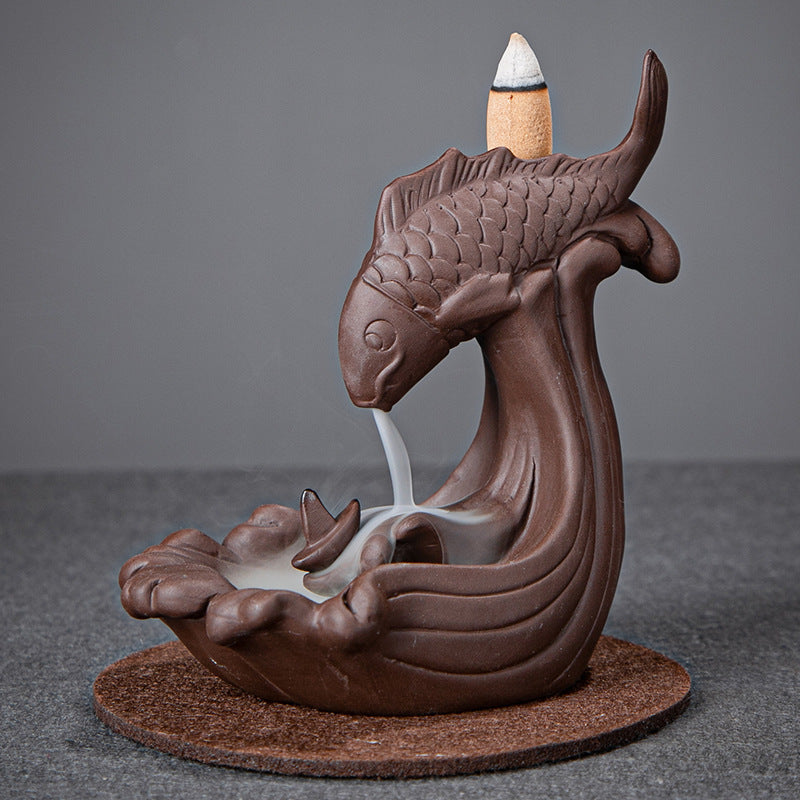 Red Porcelain Fish Riding The Wind and Waves Backflow Incense Burner