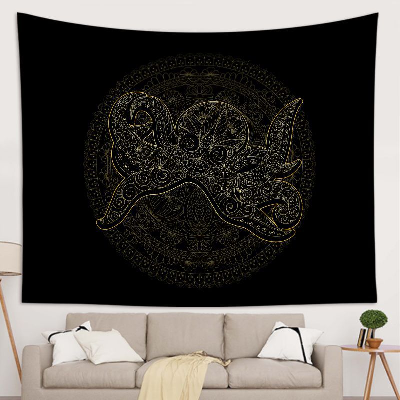 Black Gold Boho Mandala Medallion Octopus Tapestry | Octopus Wall Tapestry