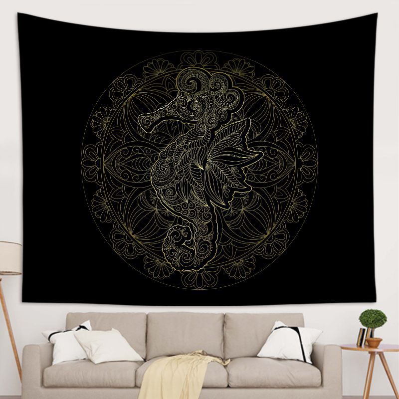 Black Gold Mandala Sea Horse Tapestry for Bedroom Living Room | Mandala Sea Horse Wall Tapestry