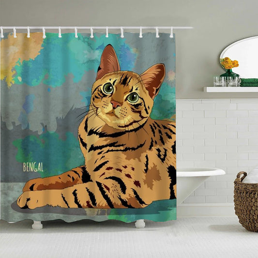 Cartoon Bengal Cat Shower Curtain | Orange Cat Shower Curtain