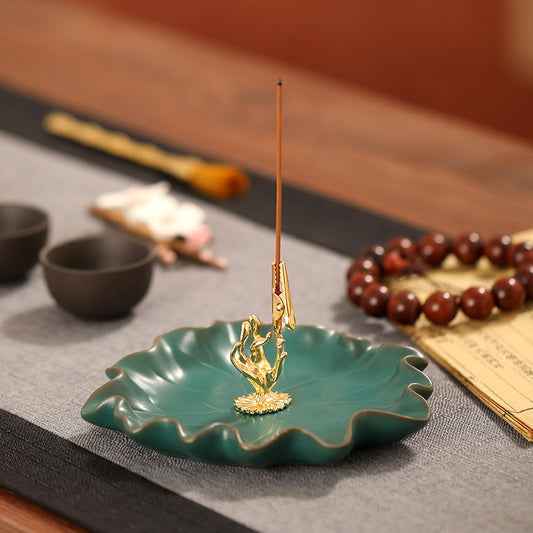 Buddha Hand Lotus Upright Clamp Incense Stick Holder with Lotus Leaf Shape Ash Catcher