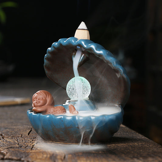  Mermaid Blue Shell Incense Burner with LED Ball Backflow Smoke Holder