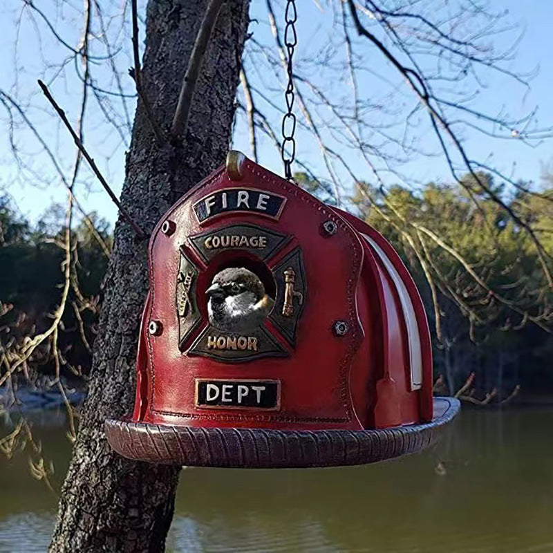 Retro Red Fire Helmet Birdhouse | Locomotive Bird Feeder