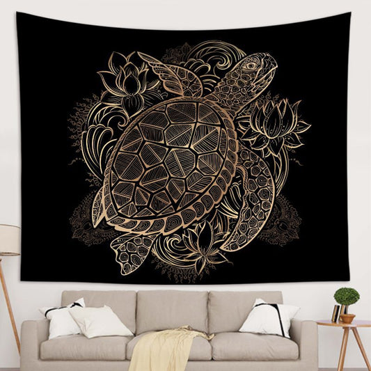 Black Gold Sea Turtle Tapestry with Lotus Medallion for Bedroom Living Room | Sea Turtle Wall Tapestry