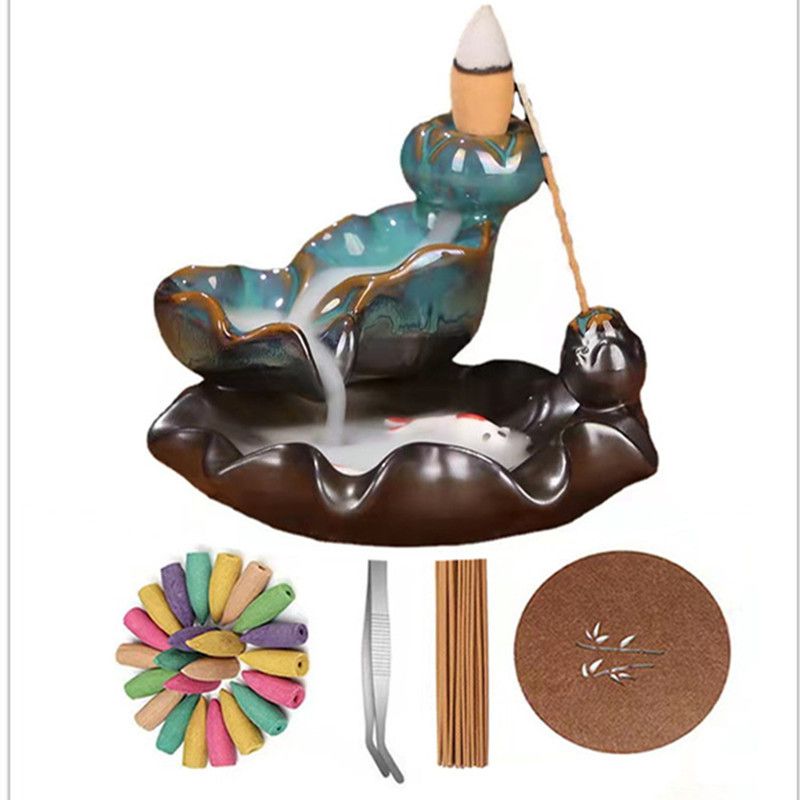 Lotus Waterfall Koi Fish Incense Burner, Ceramic Backflow Zen Burner  Meditation Accessories