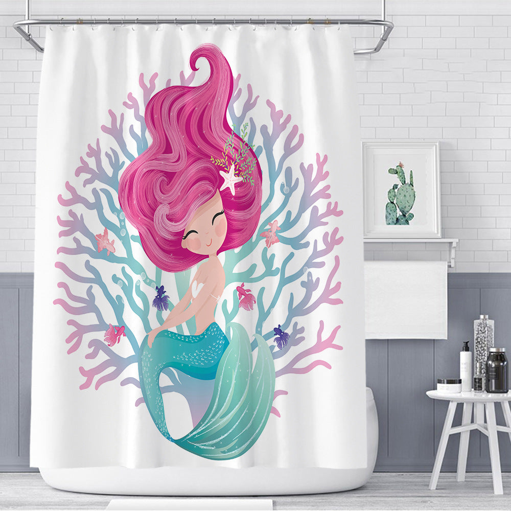 Cartoon Girlish Coral and Mermaid Shower Curtain | Pink Haired Mermaid Bathroom Curtain
