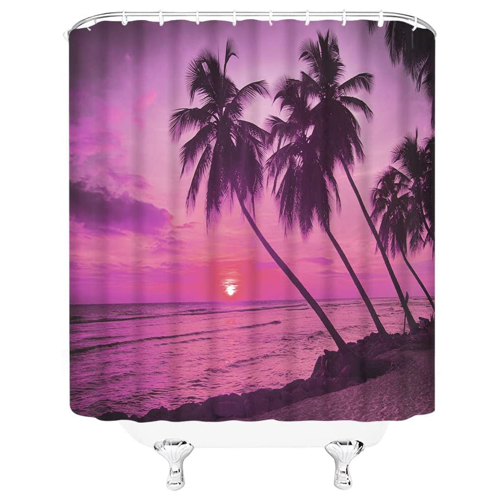 Beach Palm Sea Sunrise Shower Curtain | Beach Palm Sunrise Bathroom Curtain