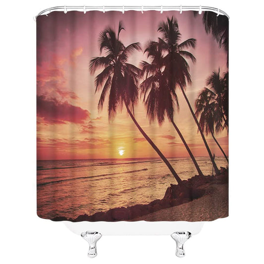 Beach Palm Sea Sunrise Shower Curtain | Beach Palm Sunrise Bathroom Curtain