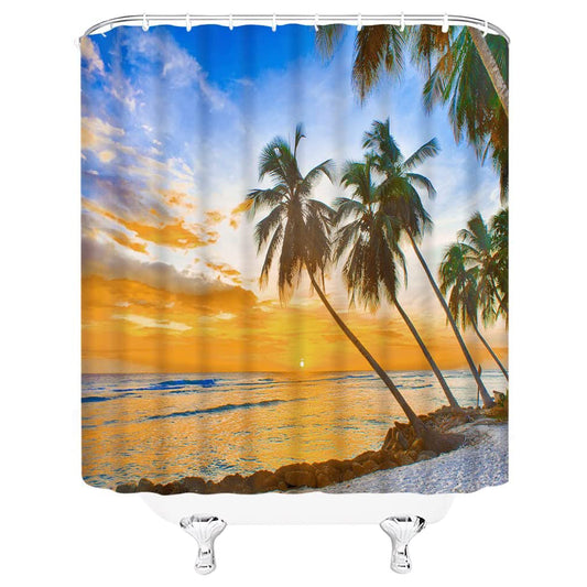 Beach Palm Sea Sunrise Shower Curtain | Beach Palm Sunrise Bathroom Curtain