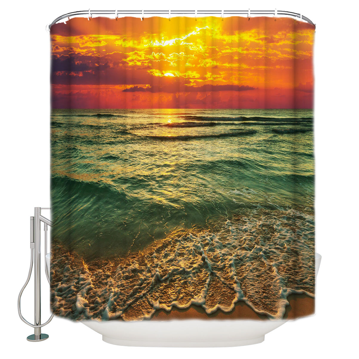 Red Sunset Beach Waves Shower Curtain | Red Sunset Waves Bathroom Curtain