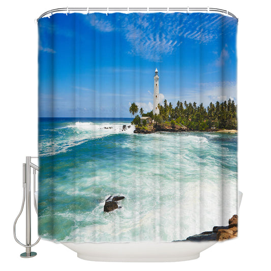Sea Wave Seaside Scenery Lighthouse Shower Curtain | Lighthouse Bathroom Curtains