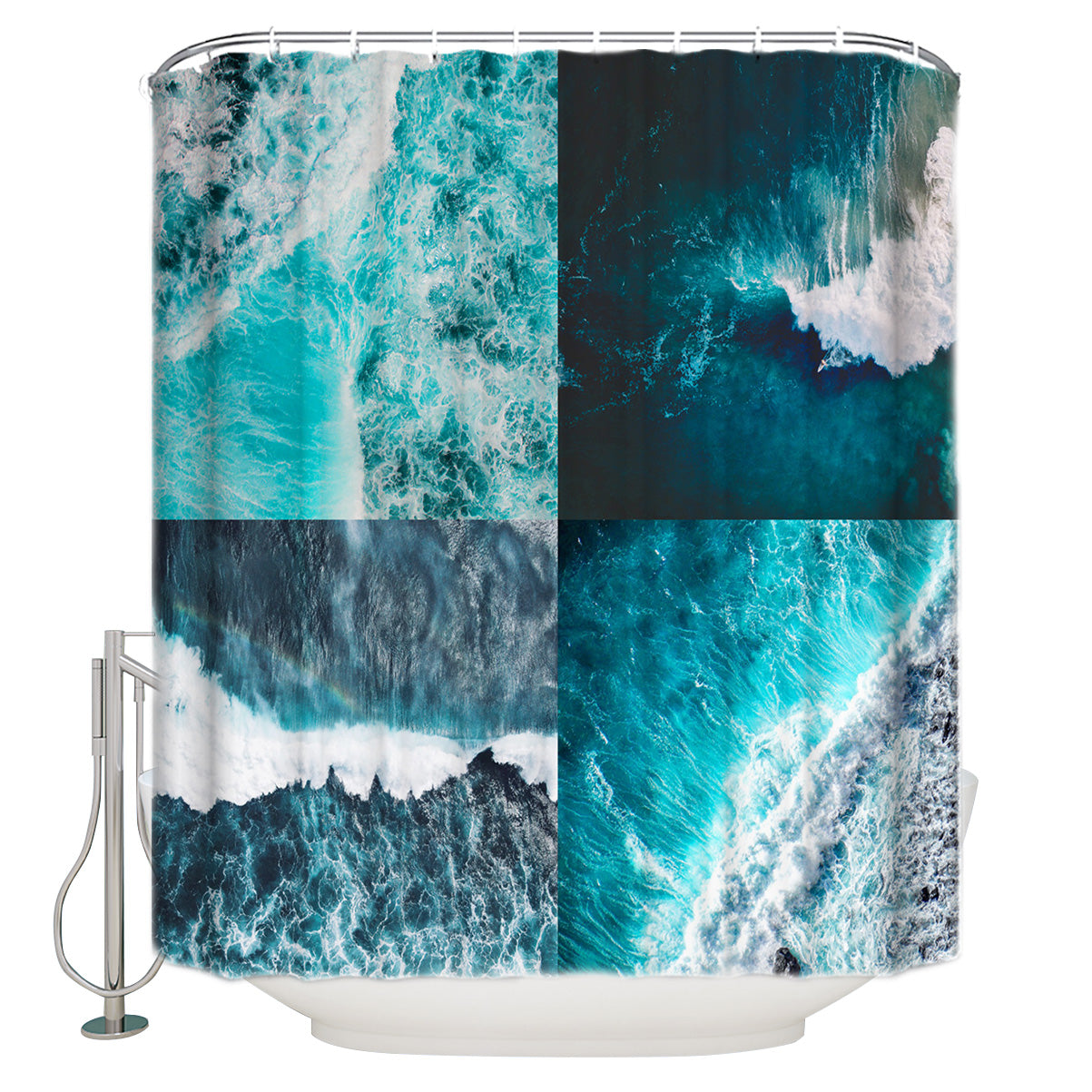Four-frame Blue Ocean Waves Shower Curtain | Blue Waves Bathroom Curtain