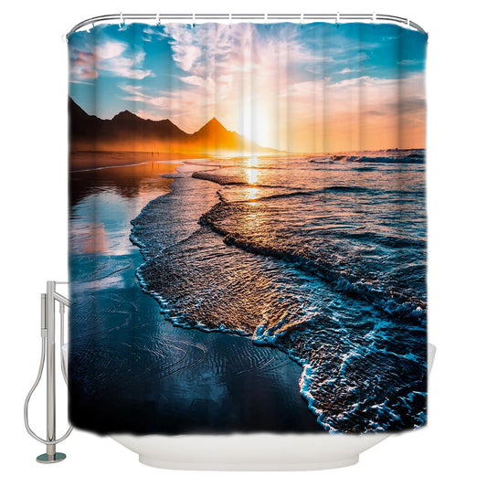 Wave Beach Sunset Shower Curtain | Beach Sunset Bathroom Curtain