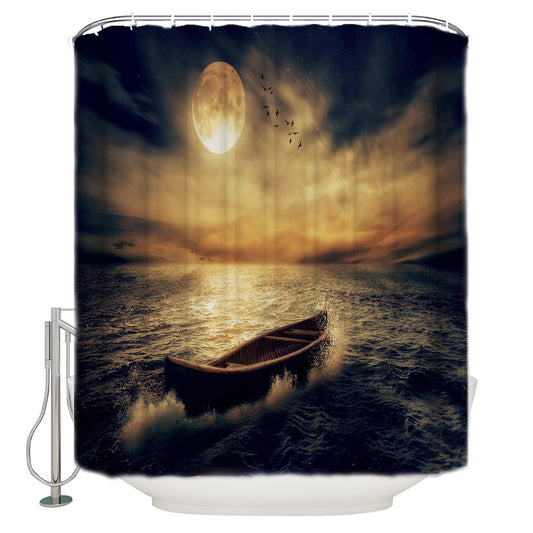 A Full Moon on The Sea Boat Waves Shower Curtain | Full Moon Wave Bathroom Curtain