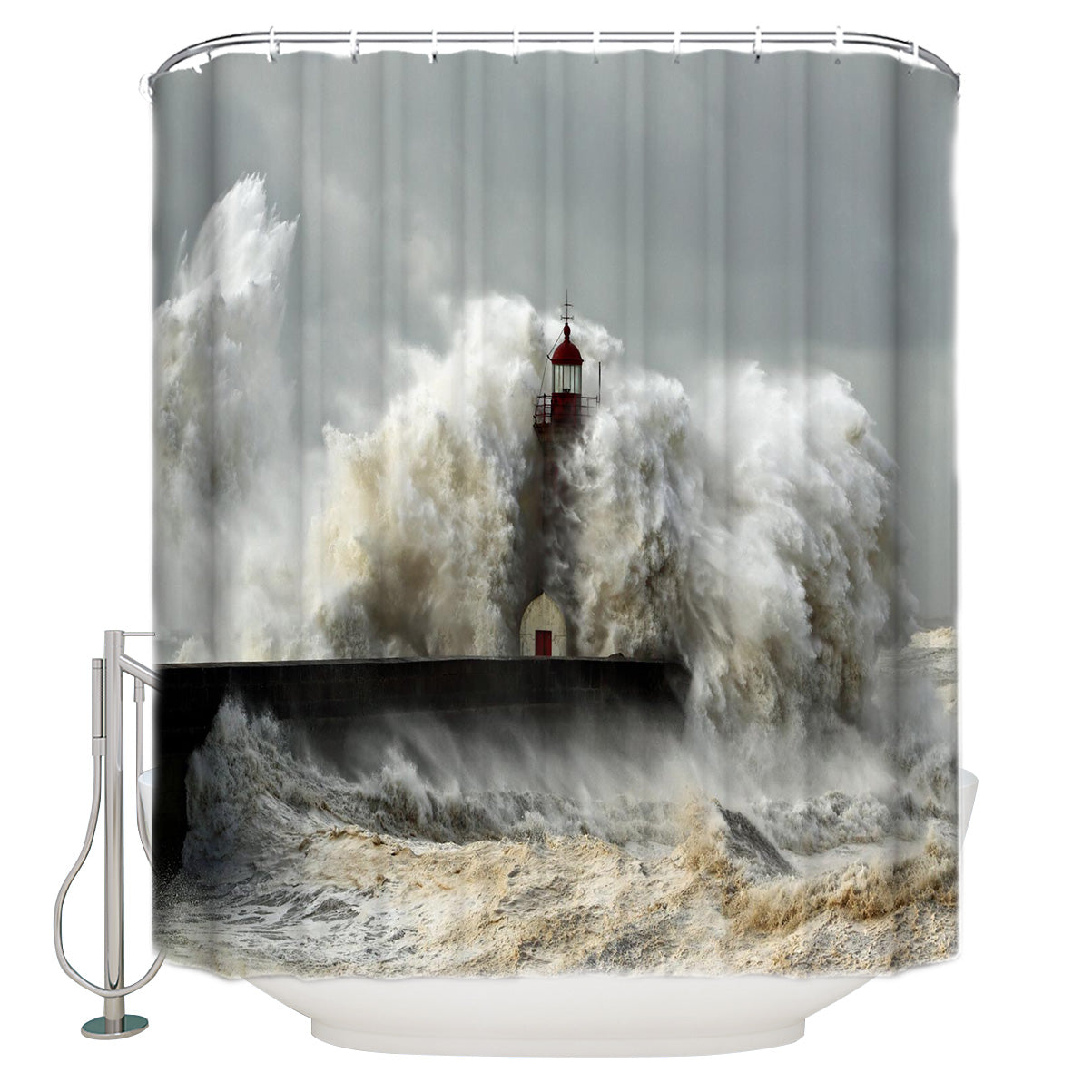 Ferocious Waves Attacking Lighthouse Shower Curtain | Lighthouse Bathroom Curtain