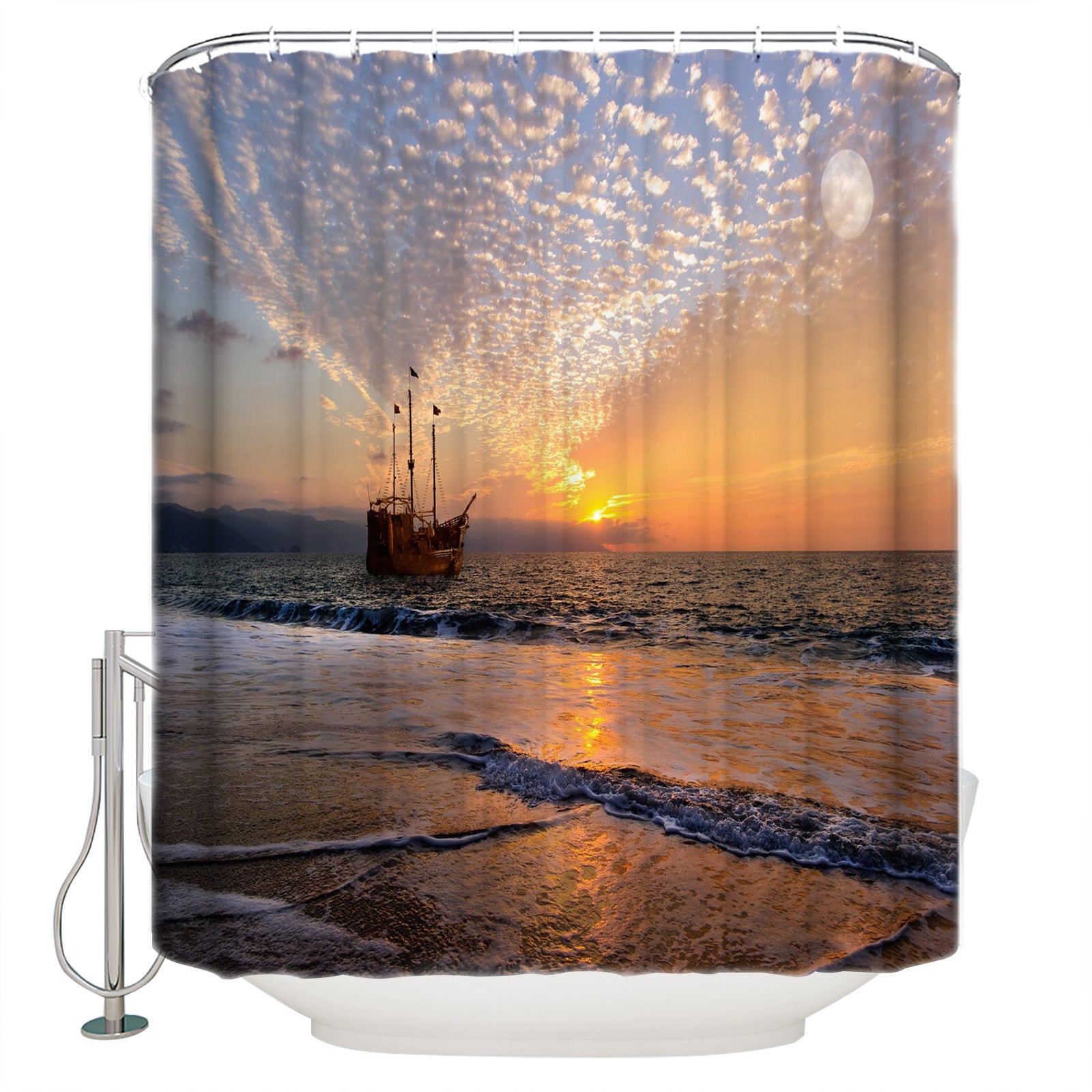 Trawler Comes Back Beach Sunset Shower Curtain | Trawler Bathroom Curtain