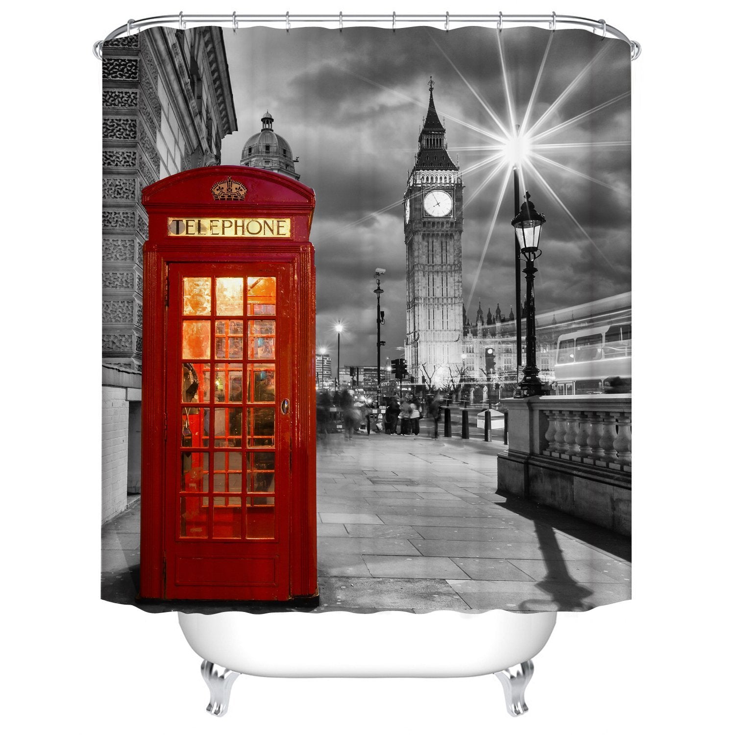 Red Telephone Box Black White Big Ben London Shower Curtain
