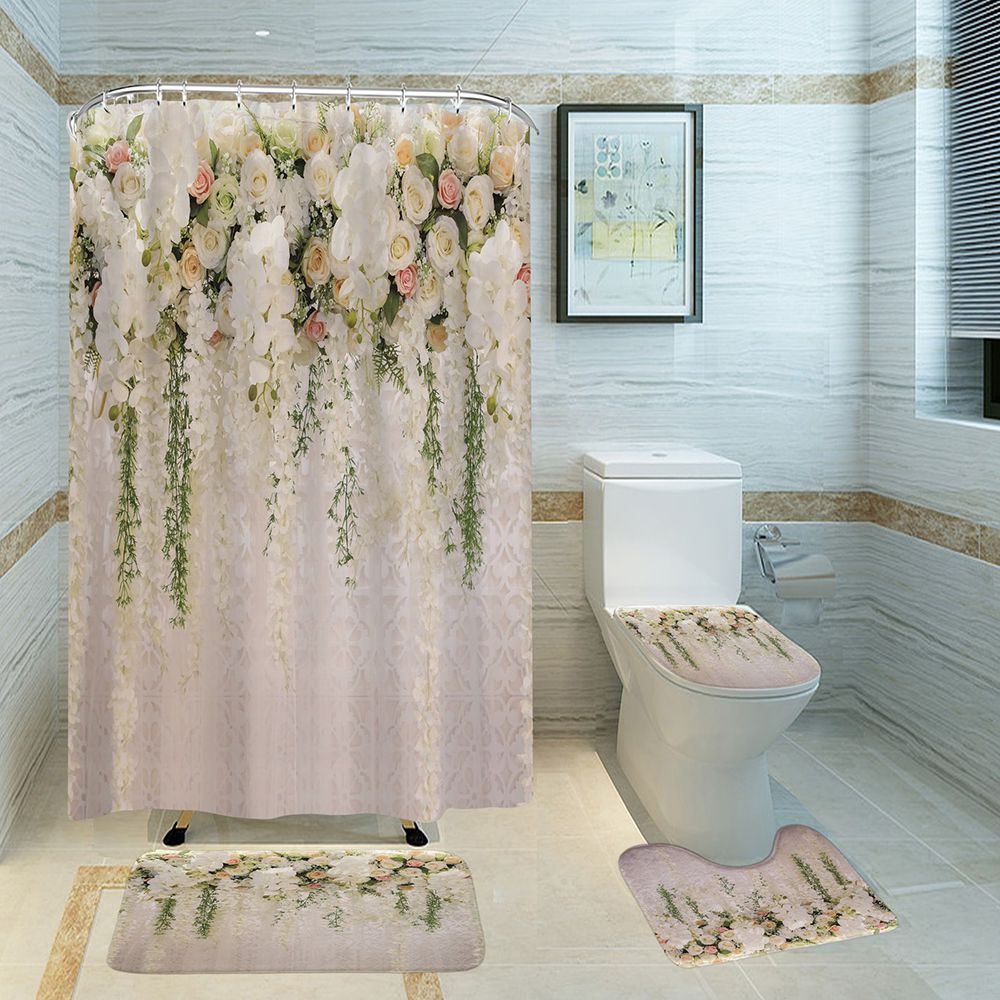 Romantic Love Sanctity Flower White Rose Wall Shower Curtain | Rose Bathroom Curtain