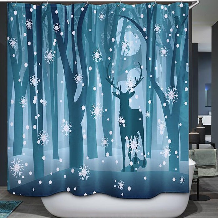 Blue Forest Snowy Night Swirling Snowflake Deer Shower Curtain