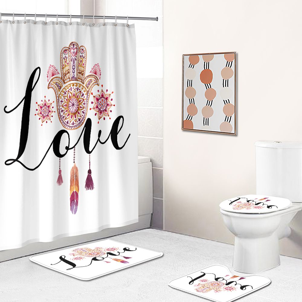 White Love Feather Hamsa Shower Curtain | Feather Hamsa Bathroom Curtain