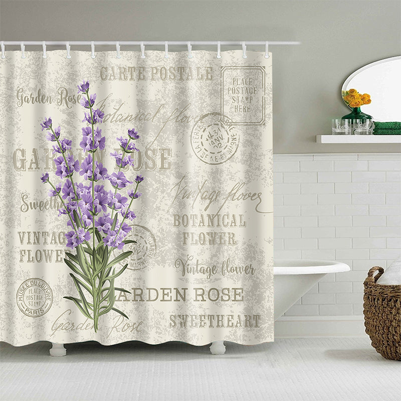 Retro Postmark Botanical Purple Flower Vinca Major Shower Curtain | Postmark Botanical Flower Bathroom Curtain
