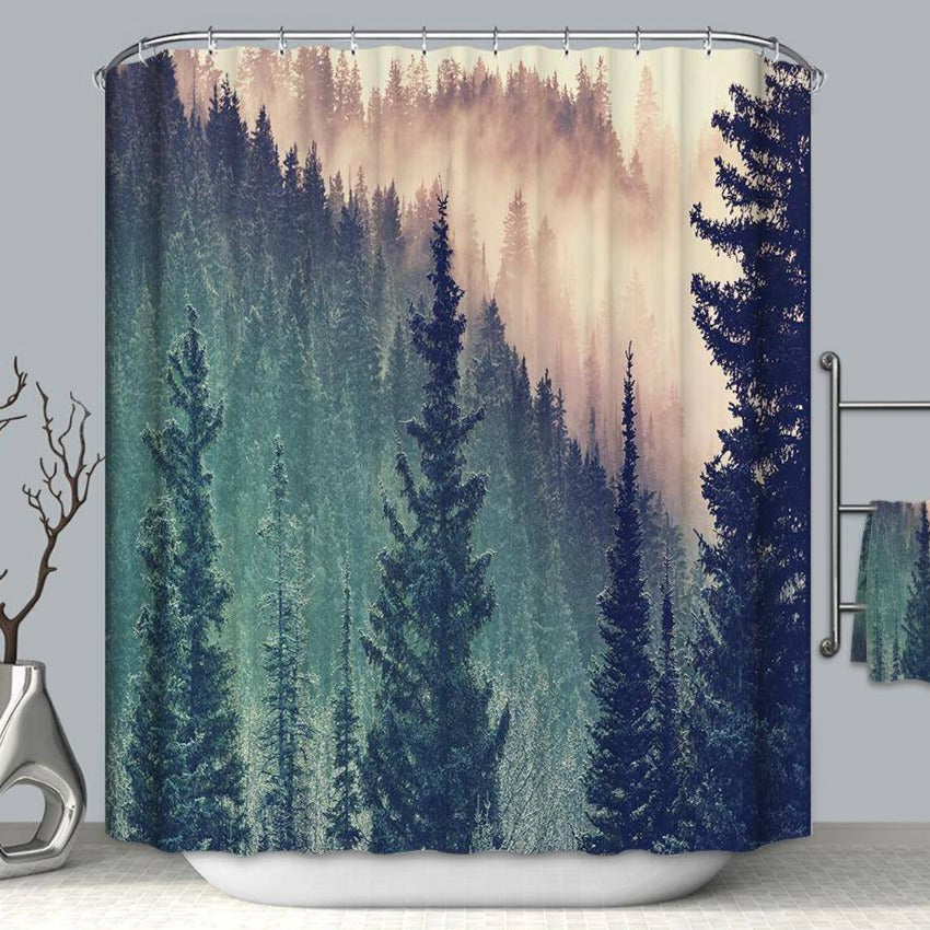 Sunrise Foggy Pine Forest Shower Curtain