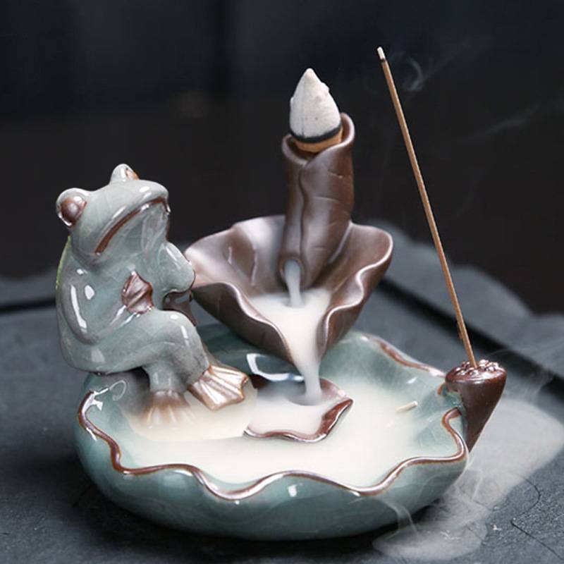 Lotus Pond with Frog Backflow Incense Burner with Stick Holder