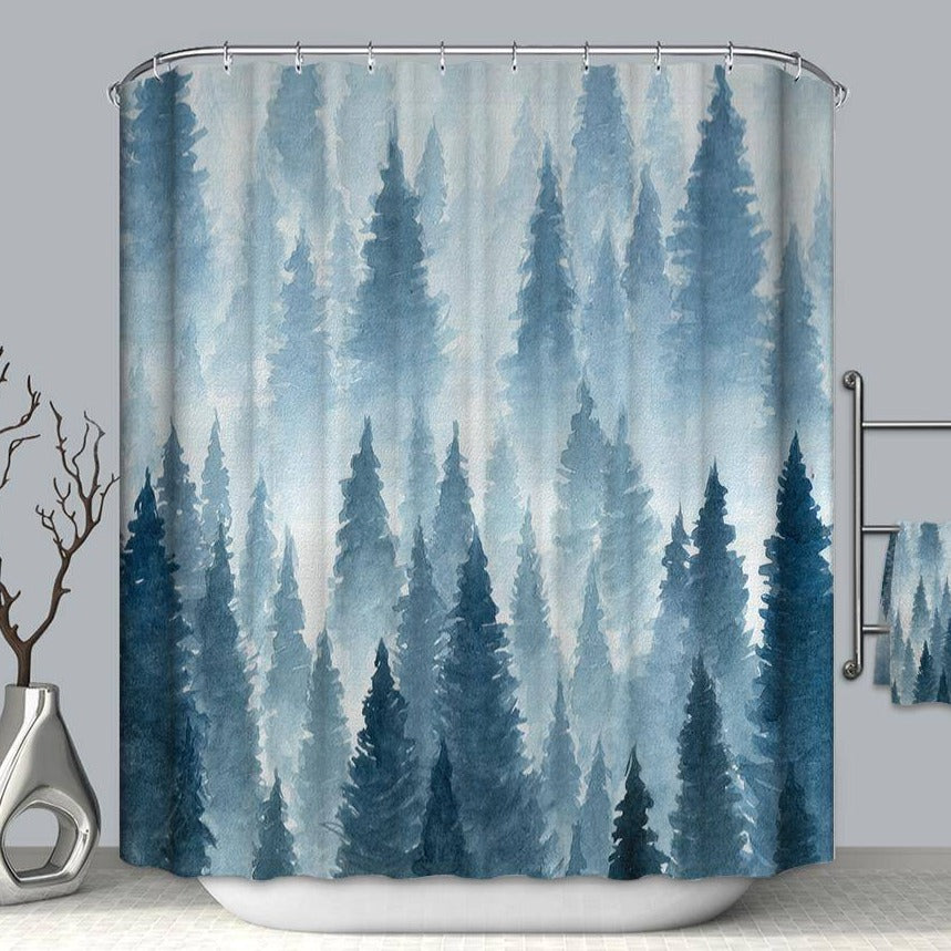 Watercolor Misty Fir Forest Pine Tree Shower Curtain