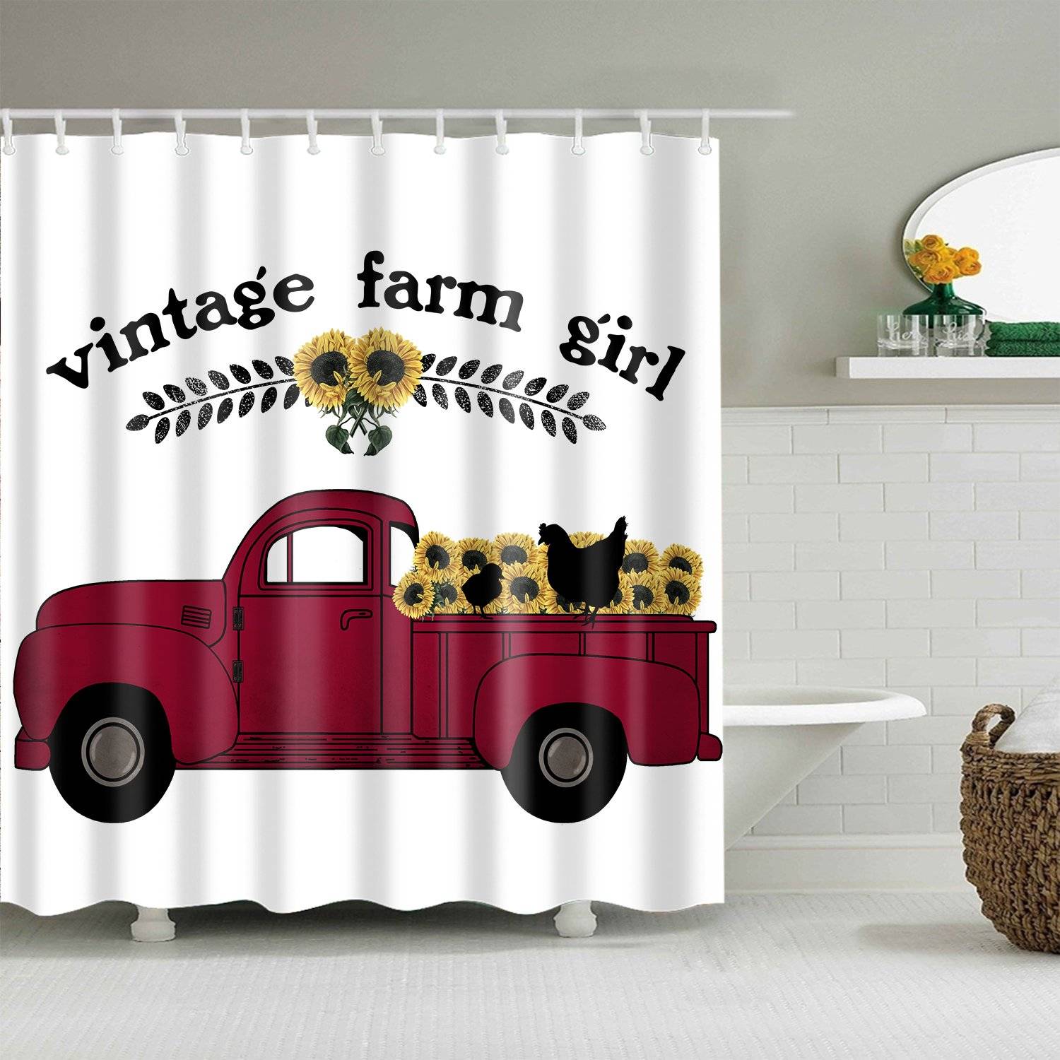 Truck Sunflower Themed Vintage Farm Girl Shower Curtain