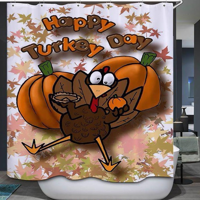 Happy Turkey Day Cartoon Pumpkin Turkey Shower Curtain