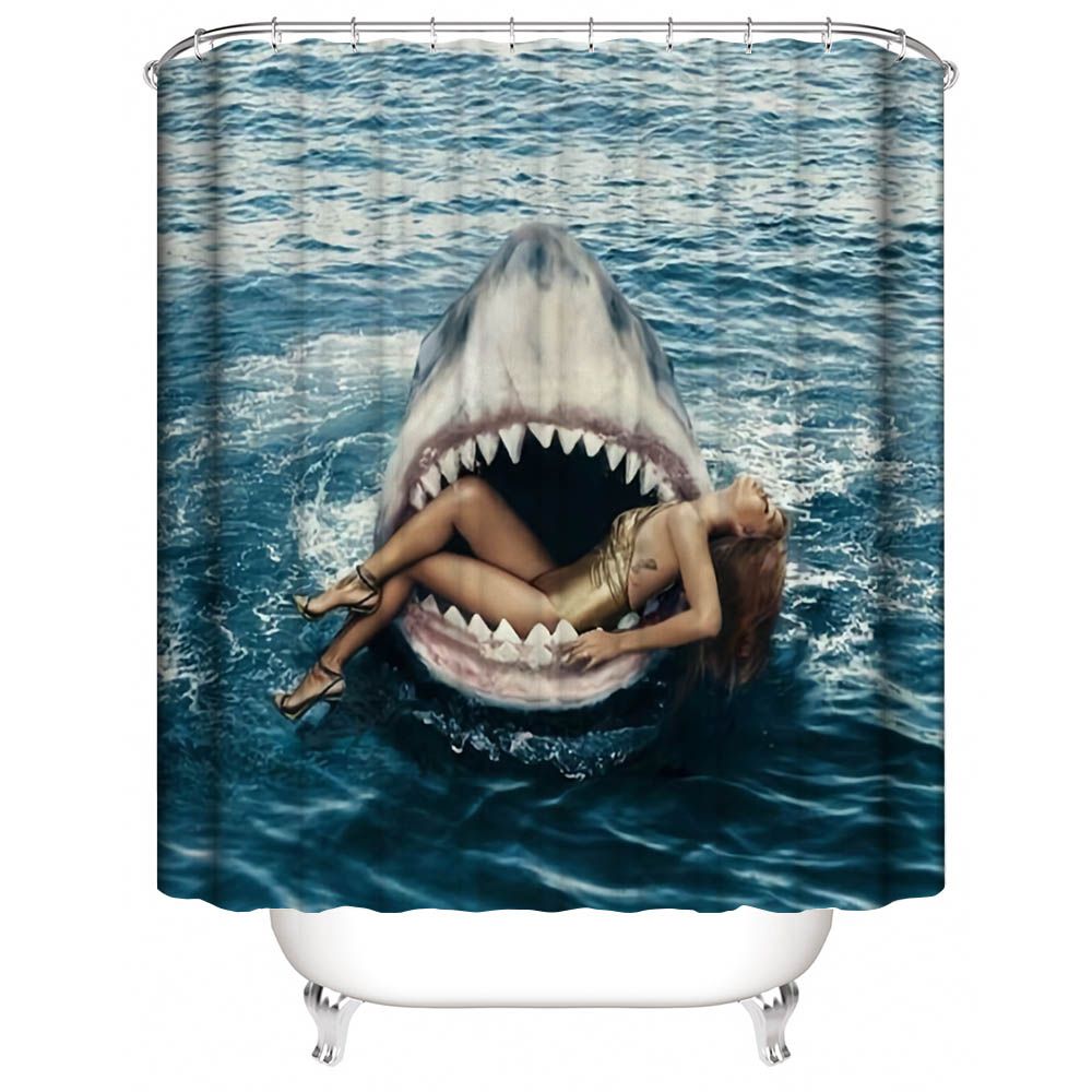 Amazing Beauty in Shark's Mouth Shower Curtain | Funny Beautiful Girl and Shark Shower Curtain