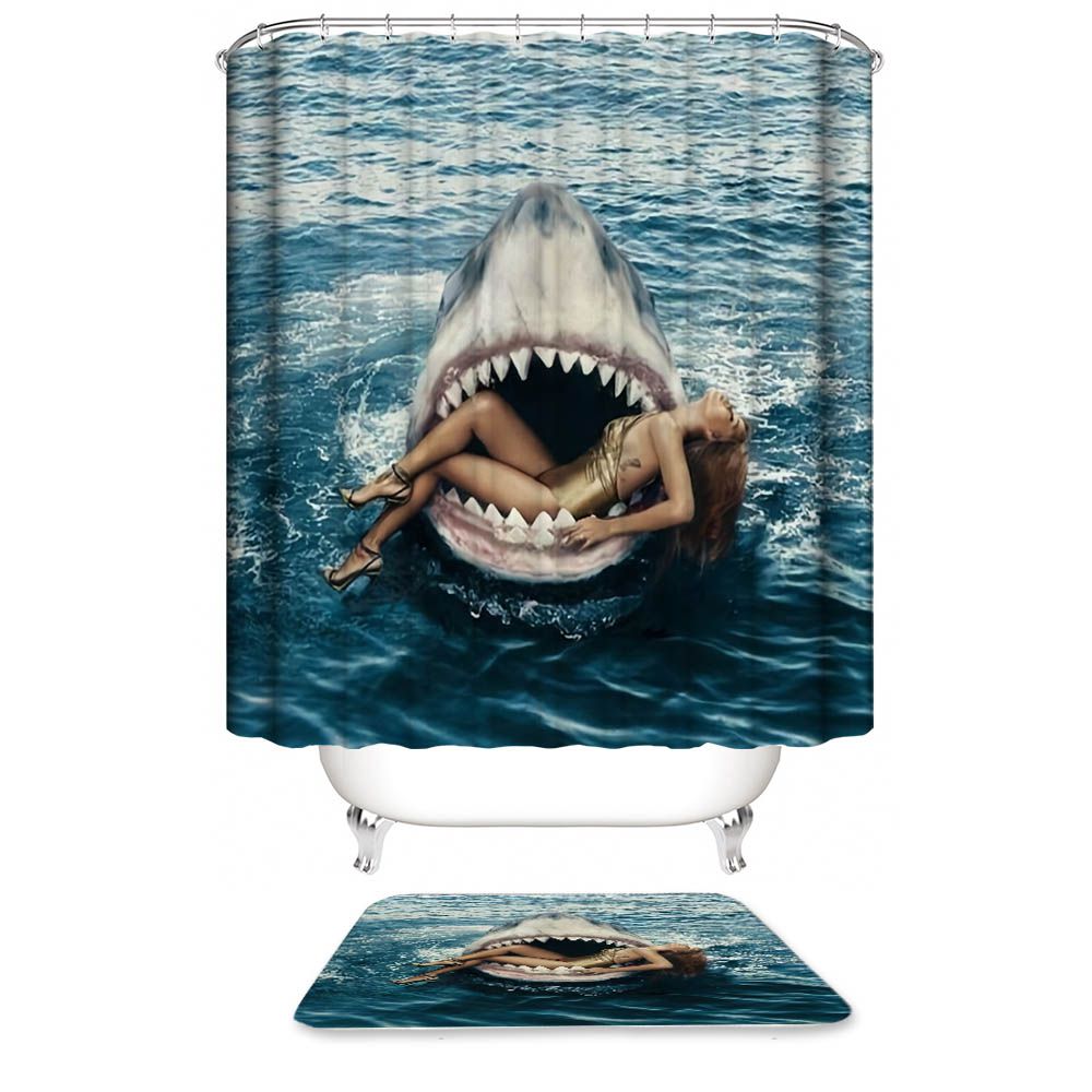 Amazing Beauty in Shark's Mouth Shower Curtain | Funny Beautiful Girl and Shark Shower Curtain