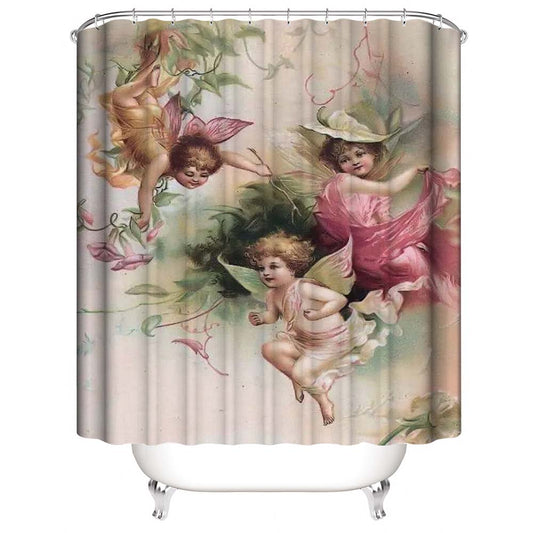 Retro Cherub Shower Curtain, Angels with Butterfly Wings Bathroom Curtain