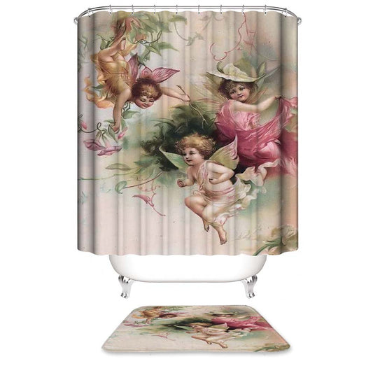 Retro Cherub Shower Curtain, Angels with Butterfly Wings Bathroom Curtain