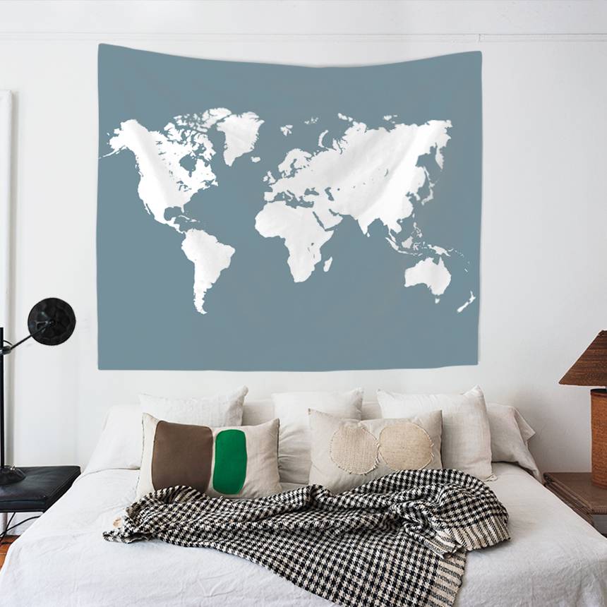 Dusty Blue Backgroup Simple White World Map Tapestry | White World Map Wall Tapestry