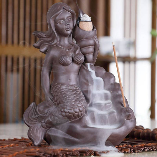 Conch Mermaid Backflow Incense Burner Red Porcelain Smoke Waterfall with Incense Stick Hole