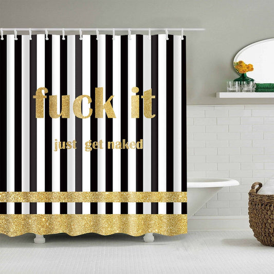 Stripe with Rude Text Golden Bling Get Naked Shower Curtain
