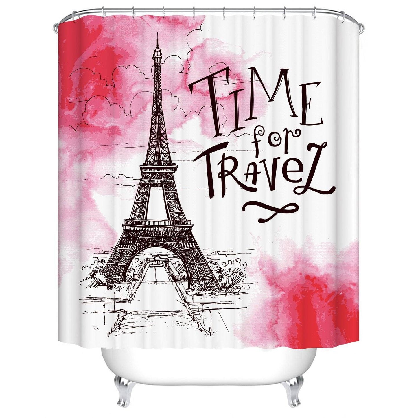 Girlish Pink Watercolor Travel Theme Pen Drawing Eiffel Tower Shower Curtain