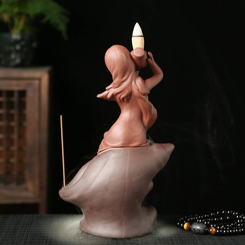 Conch Female Carrying A Pot Backflow Incense Burner with Incense Stick Holder