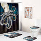 Dark Blue Backgroup White Octopus Shower Curtain | Octopus Bathroom Curtain
